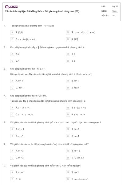 75 câu trắc nghiệm Bất đẳng thức - Bất phương trình nâng cao (P1)