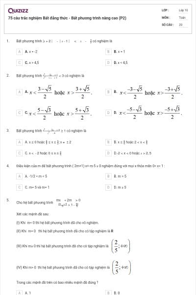 75 câu trắc nghiệm Bất đẳng thức - Bất phương trình nâng cao (P2)