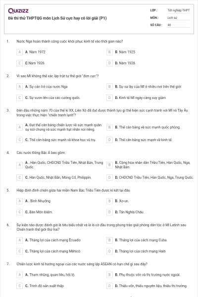 Đề thi thử THPTQG môn Lịch Sử cực hay có lời giải (P1)