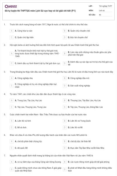 Đề tự luyện thi THPTQG môn Lịch Sử cực hay có lời giải chi tiết (P1)