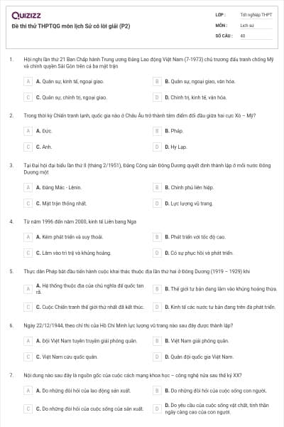 Đề thi thử THPTQG môn lịch Sử có lời giải (P2)
