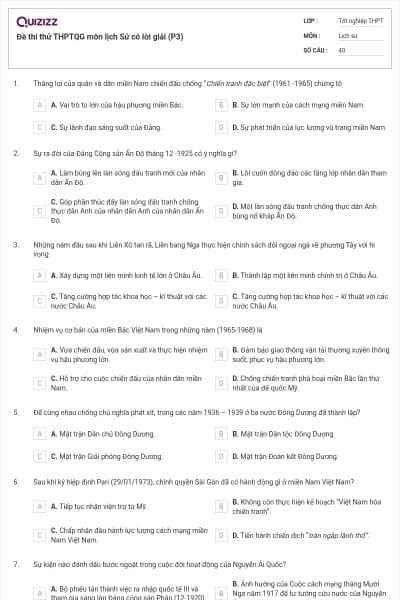 Đề thi thử THPTQG môn lịch Sử có lời giải (P3)