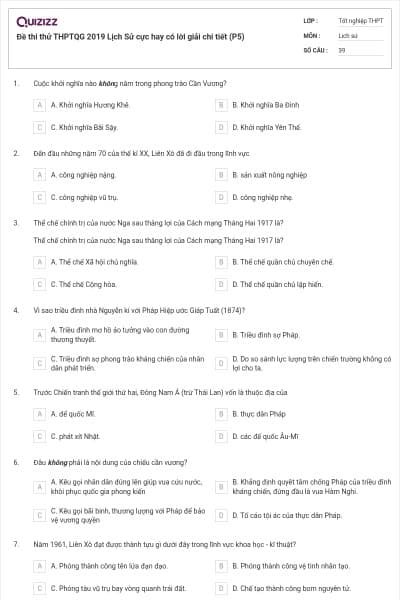Đề thi thử THPTQG 2019 Lịch Sử cực hay có lời giải chi tiết (P5)