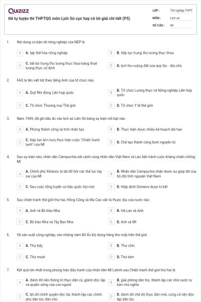 Đề tự luyện thi THPTQG môn Lịch Sử cực hay có lời giải chi tiết (P5)