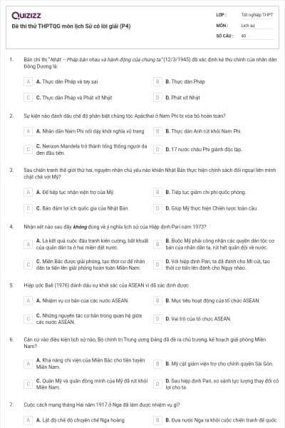 Đề thi thử THPTQG môn lịch Sử có lời giải (P4)