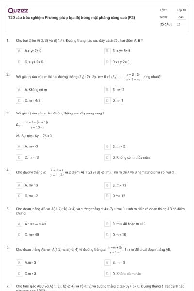 120 câu trắc nghiệm Phương pháp tọa độ trong mặt phẳng nâng cao (P3)