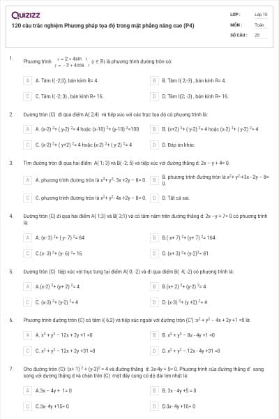 120 câu trắc nghiệm Phương pháp tọa độ trong mặt phẳng nâng cao (P4)