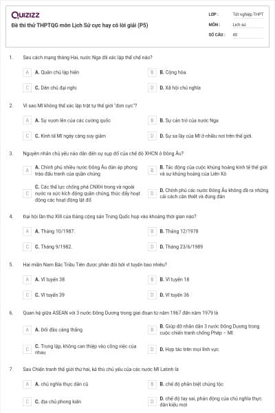 Đề thi thử THPTQG môn Lịch Sử cực hay có lời giải (P5)