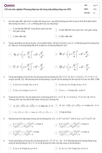 120 câu trắc nghiệm Phương pháp tọa độ trong mặt phẳng nâng cao (P5)