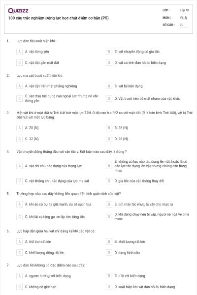 100 câu trắc nghiệm Động lực học chất điểm cơ bản (P5)