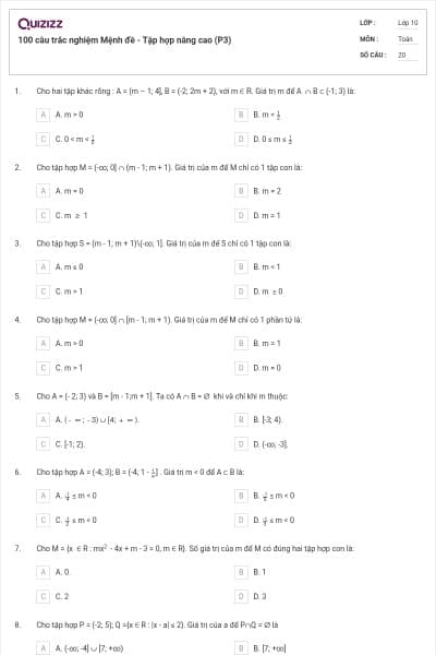 100 câu trắc nghiệm Mệnh đề - Tập hợp nâng cao (P3)