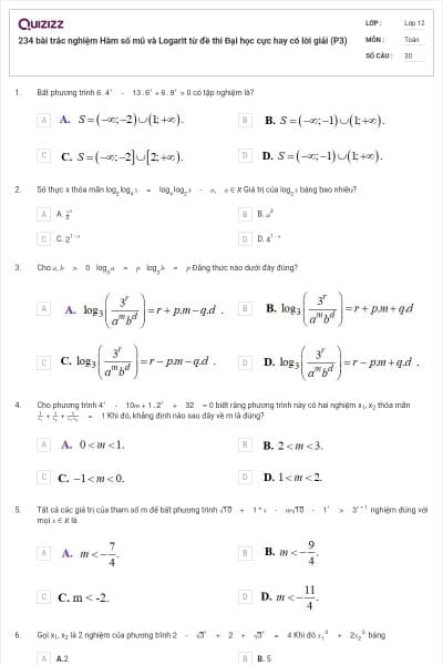 234 bài trắc nghiệm Hàm số mũ và Logarit từ đề thi Đại học cực hay có lời giải (P3)