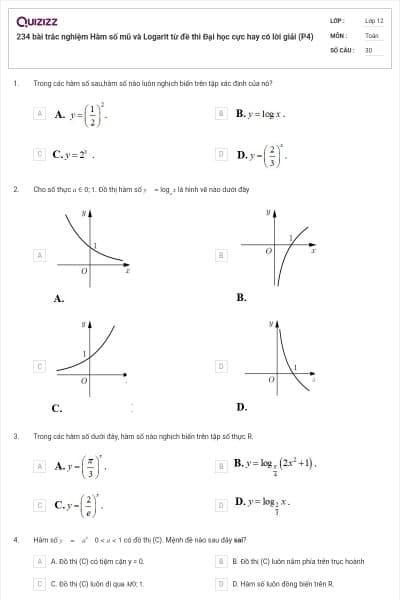234 bài trắc nghiệm Hàm số mũ và Logarit từ đề thi Đại học cực hay có lời giải (P4)