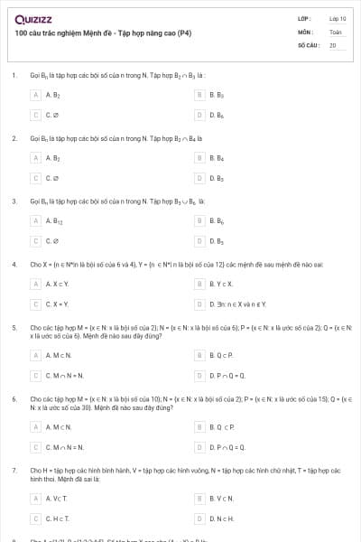 100 câu trắc nghiệm Mệnh đề - Tập hợp nâng cao (P4)