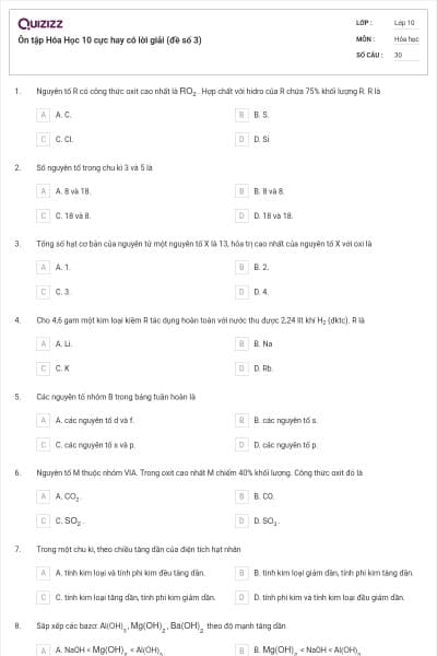 Ôn tập Hóa Học 10 cực hay có lời giải (đề số 3)