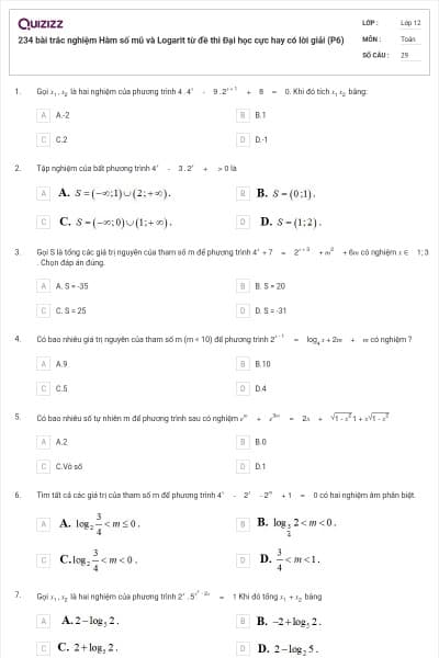 234 bài trắc nghiệm Hàm số mũ và Logarit từ đề thi Đại học cực hay có lời giải (P6)