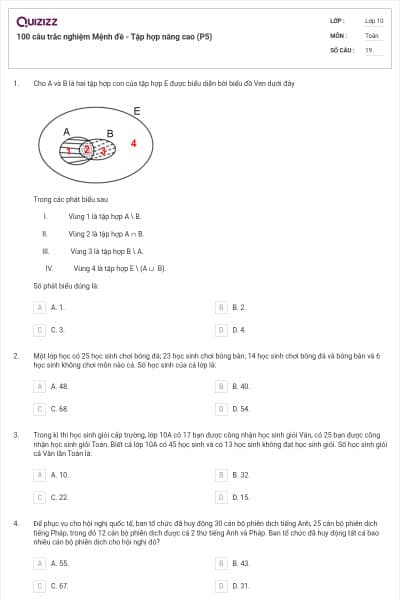 100 câu trắc nghiệm Mệnh đề - Tập hợp nâng cao (P5)