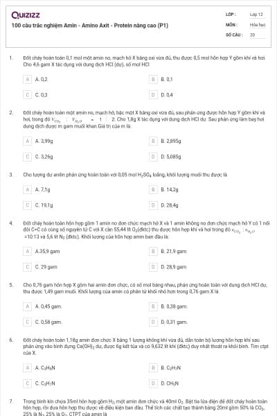 100 câu trắc nghiệm Amin - Amino Axit - Protein nâng cao (P1)
