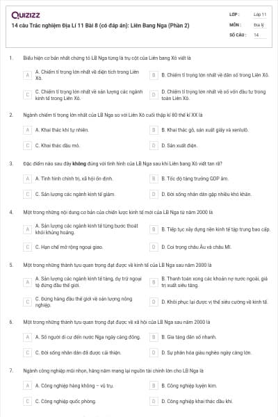 14 câu  Trắc nghiệm Địa Lí 11 Bài 8 (có đáp án): Liên Bang Nga (Phần 2)