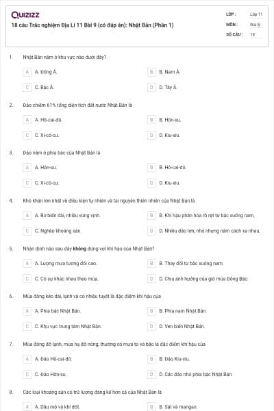 18 câu  Trắc nghiệm Địa Lí 11 Bài 9 (có đáp án): Nhật Bản (Phần 1)