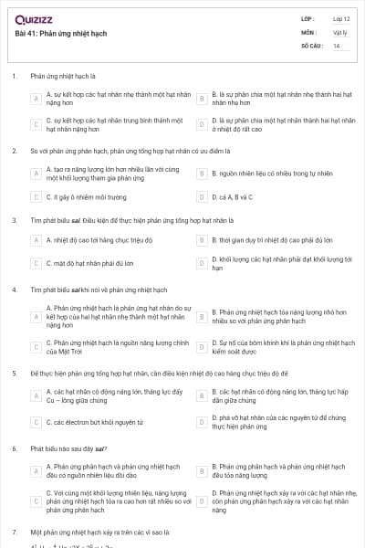Bài 41: Phản ứng nhiệt hạch