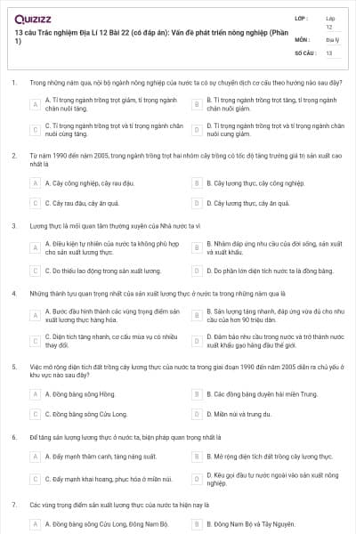 13 câu Trắc nghiệm Địa Lí 12 Bài 22 (có đáp án): Vấn đề phát triển nông nghiệp (Phần 1)
