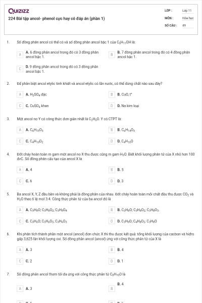 224 Bài tập ancol- phenol cực hay có đáp án (phần 1)