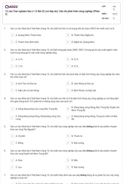 12 câu Trắc nghiệm Địa Lí 12 Bài 22 (có đáp án): Vấn đề phát triển nông nghiệp (Phần 3)