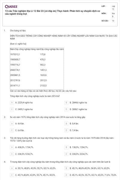 13 câu Trắc nghiệm Địa Lí 12 Bài 23 (có đáp án) Thực hành: Phân tích sự chuyển dịch cơ cấu ngành trồng trọt