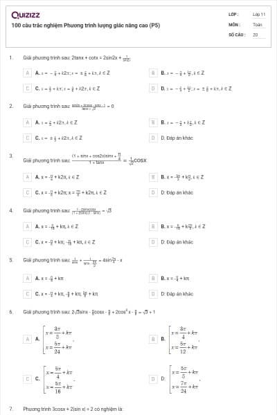 100 câu trắc nghiệm Phương trình lượng giác nâng cao (P5)