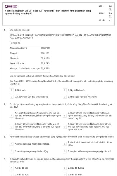4 câu Trắc nghiệm Địa Lí 12 Bài 40: Thực hành: Phân tích tình hình phát triển công nghiệp ở Đông Nam Bộ P2