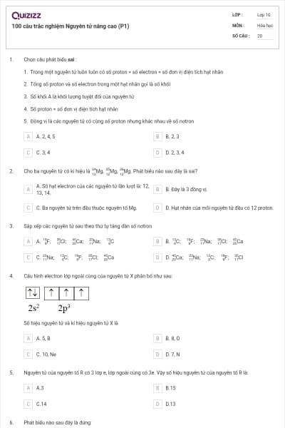 100 câu trắc nghiệm Nguyên tử nâng cao (P1)