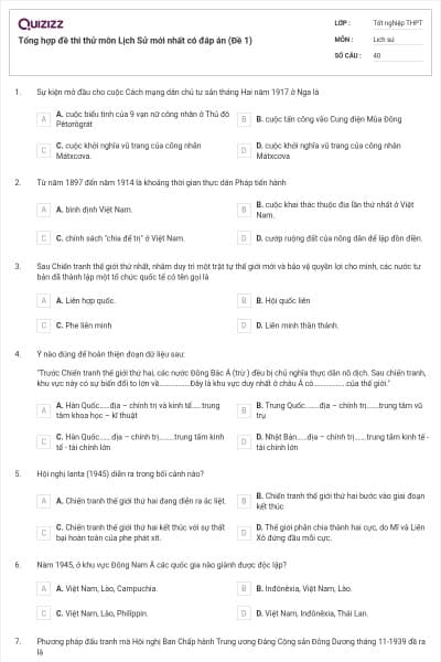 Tổng hợp đề thi thử môn Lịch Sử mới nhất có đáp án (Đề 1)