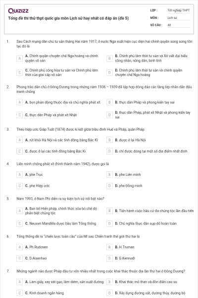 Tổng đề thi thử thpt quốc gia môn Lịch sử hay nhất có đáp án (đề 5)