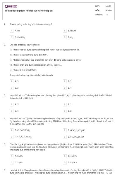 15 câu trắc nghiệm Phenol cực hay có đáp án