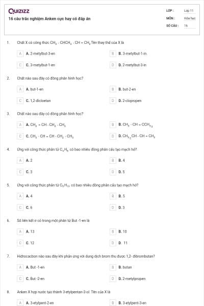 16 câu trắc nghiệm Anken cực hay có đáp án