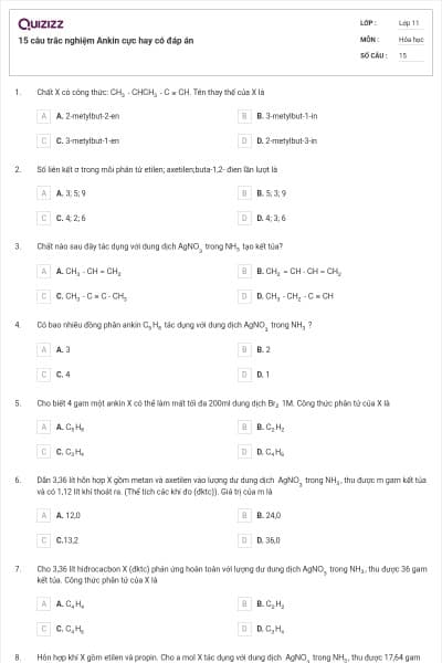 15 câu trắc nghiệm Ankin cực hay có đáp án