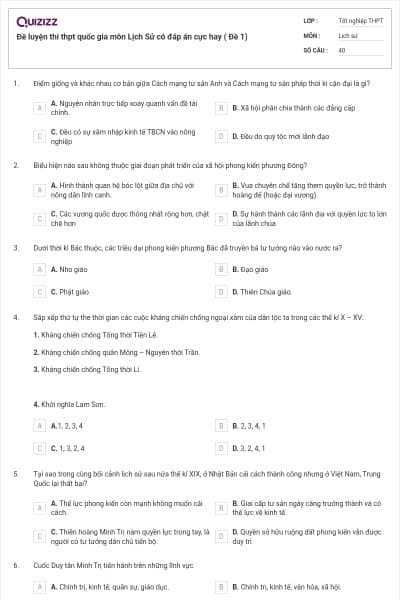 Đề luyện thi thpt quốc gia môn Lịch Sử có đáp án cực hay ( Đề 1)