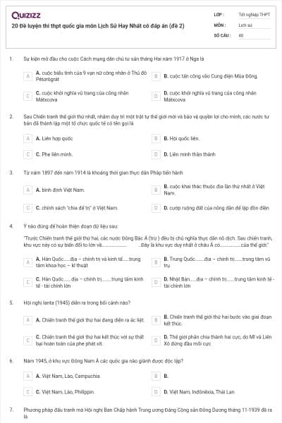 20 Đề luyện thi thpt quốc gia môn Lịch Sử Hay Nhất có đáp án (đề 2)