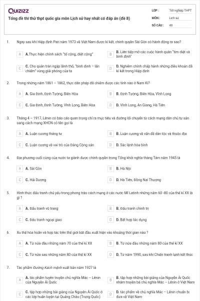 Tổng đề thi thử thpt quốc gia môn Lịch sử hay nhất có đáp án (đề 8)