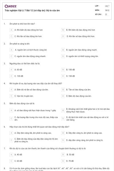 Trắc nghiệm Vật Lí 7 Bài 12 (có đáp án): Độ to của âm