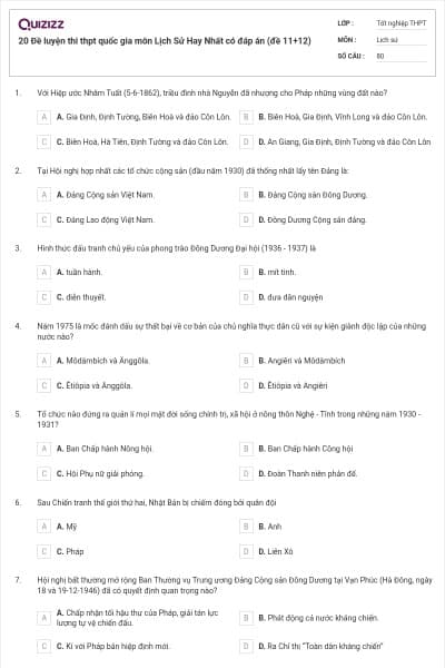 20 Đề luyện thi thpt quốc gia môn Lịch Sử Hay Nhất có đáp án (đề 11+12)