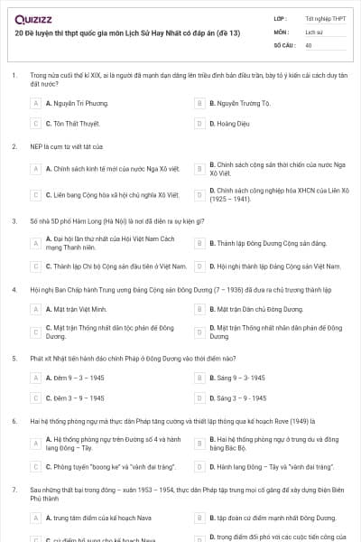 20 Đề luyện thi thpt quốc gia môn Lịch Sử Hay Nhất có đáp án (đề 13)