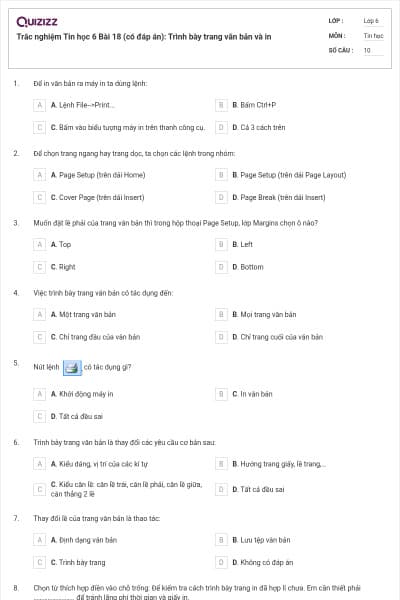 Trắc nghiệm Tin học 6 Bài 18 (có đáp án): Trình bày trang văn bản và in