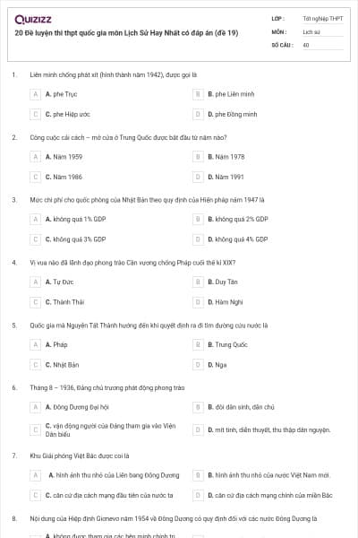 20 Đề luyện thi thpt quốc gia môn Lịch Sử Hay Nhất có đáp án (đề 19)