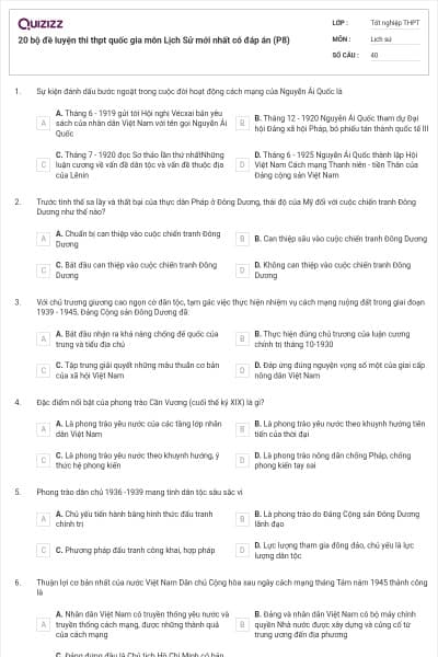 20 bộ đề luyện thi thpt quốc gia môn Lịch Sử mới nhất có đáp án (P8)