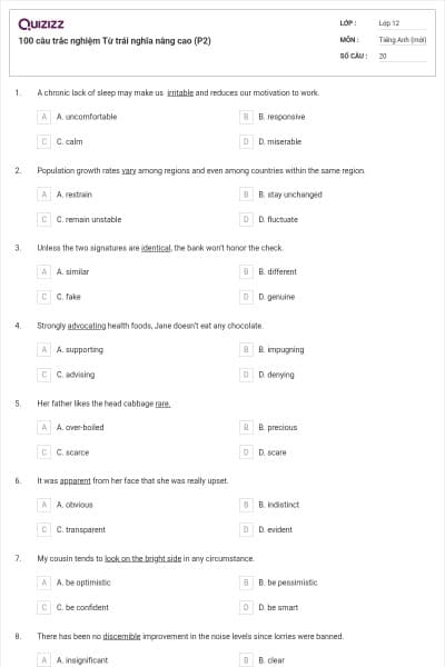 100 câu trắc nghiệm Từ trái nghĩa nâng cao (P2)
