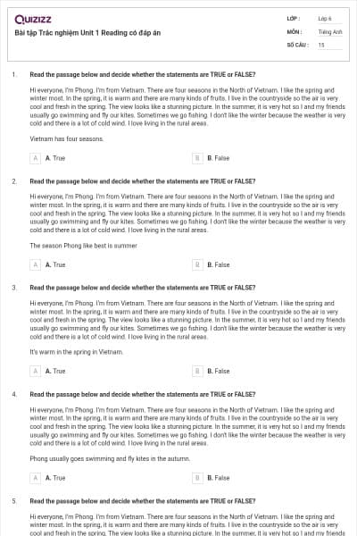 Bài tập Trắc nghiệm Unit 1 Reading có đáp án