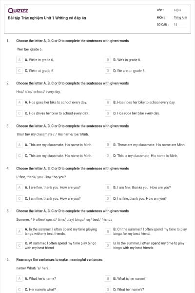 Bài tập Trắc nghiệm Unit 1 Writing có đáp án