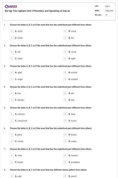 Bài tập Trắc nghiệm Unit 2 Phonetics and Speaking có đáp án